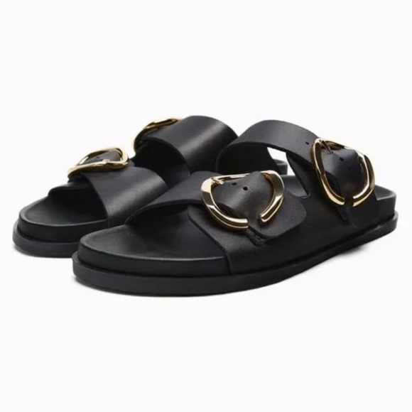 Zara Buckled Flat Leather Black Sandals Woman’s Size 9 - Picture 3 of 10